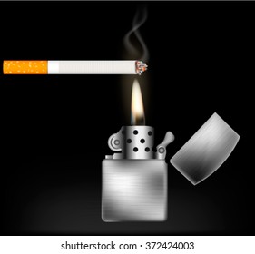  Realistic burning cigarette with  open silver lighter on black background