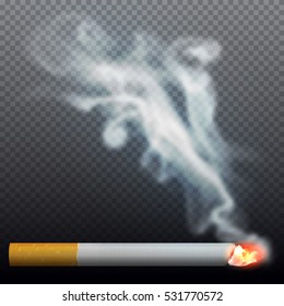 Realistic burning cigarette with smoke. Vector illustration on transparent background.