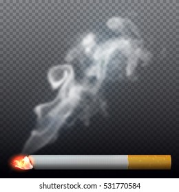 Realistic burning cigarette with smoke. Vector illustration on transparent background.