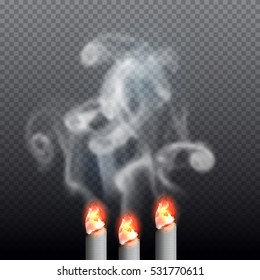 Realistic burning cigarette with smoke. Vector illustration on transparent background.