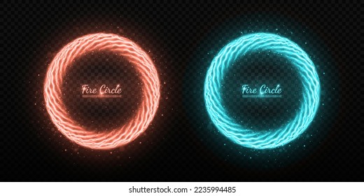 Realistic burning circles. Round fiery frames on transparent background. Sparkle fire circles.