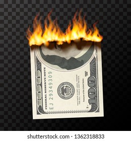 Realistic burning dummy of one hundred USA dollars banknote torn into two pieces with fire flames
