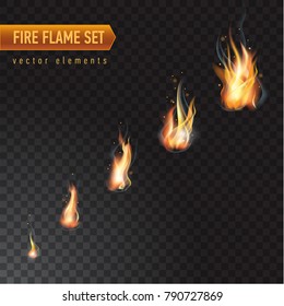 Realistic burning fire flame set, vector effect with transparency.