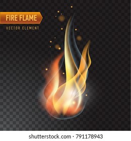 Realistic burning fire flame, vector effect with transparency.