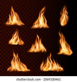 Realistic burning fire flames of bonfire on transparent background. 3d vector hot fire blaze, fiery energy of campfire, fireplace or wildfire, bright flare of torch or fireball, burning flame effects