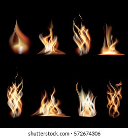 Realistic Burning Fire Flames Set. Vector Illustration.
