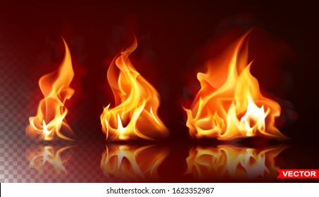 Realistic burning fire flames with shiny bright elements. Isolated on black background. Power, fuel and energy symbol. Layered vector icon set.