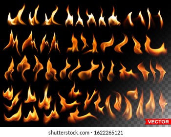 Realistic burning fire flames. Small and big bright elements isolated on black background. Power, fuel and energy symbols. Big vector set.