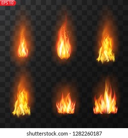 Realistic burning fire flames vector effect with transparency for design. Trail of fire.Burning flames translucent elements special Effect.