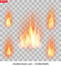 Realistic burning fire flames vector effect with transparency for design. Trail of fire.Burning flames translucent elements special Effect.