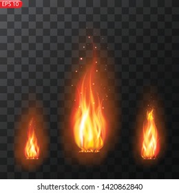 Realistic burning fire flames vector effect with transparency for design. Trail of fire.Burning flames translucent elements special Effect.