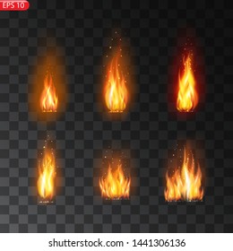 Realistic burning fire flames vector effect with transparency for design. Trail of fire.Burning flames translucent elements special Effect.