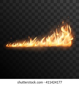 Realistic burning fire flames vector effect with transparency for design. Trail of fire. 