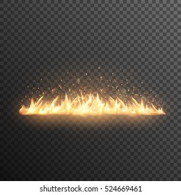 Realistic burning fire flames vector effect with transparency for design. Trail of fire. Fiery sparks. Glowing particles.