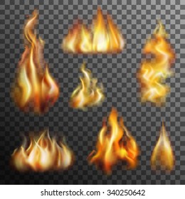 Realistic burning fire transparent set for decoration isolated vector illustration 