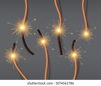 Realistic burning fire wicks, lighted dynamite fuses. Firecracker or fireworks twisted ropes with flames. Lit fuse cord of bombs, vector set. Flammable ropes for weapon, explosive equipment