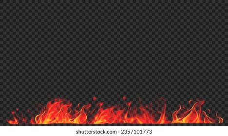 Realistic burning flame border. Vector illustration. Translucent red glowing fire with sparkles isolated on transparent backdrop