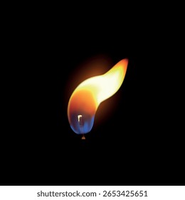 Forma de chama queimando realista com pavio, efeito de brilho. Chama de fogo. Vela de cera. Símbolo, calor, iluminação. Para meditação, romance, aniversário e dia do memorial. Ilustração vetorial. Fundo preto.