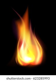 Realistic burning flame translucent element isolated on black background vector illustration.
