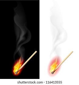 Realistic burning match. Illustration on white and black background