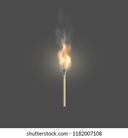 Realistic burning match. Matchstick flame. Isolates on black transparent background. Vector illustration, eps 10.
