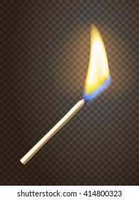 Realistic burning match. Matchstick flame. Transparency grid. Special effect. Ready to apply. Graphic element for documents, templates, posters, flyers. Vector illustration