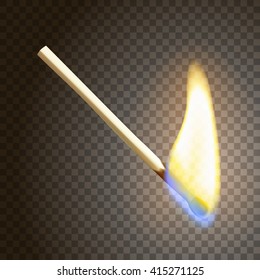 Realistic burning match. Matchstick flame. Transparency grid. Special effect. Ready to apply. Graphic element for documents, templates, posters, flyers. Vector illustration