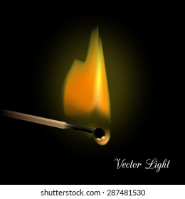 Realistic burning match on black background with transparent flame. Vector illustration