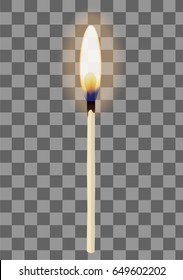 Realistic burning match on transparent checkered background. Vector illustration.