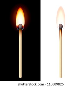 Realistic burning match on white and black background.