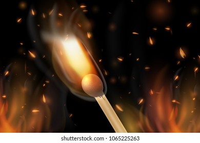 Realistic Burning Match Vector. Realistic colorful image line bon fire flame with horizontal reflection smoke and sparks on black background. Abstract fire background.