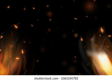 Realistic Burning Match Vector. Realistic colorful image line bon fire flame with horizontal reflection smoke and sparks on black background. Abstract fire background.

