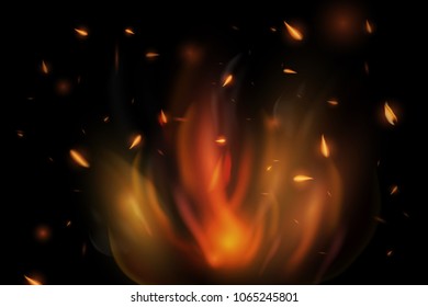 Realistic Burning Match Vector. Realistic colorful image line bon fire flame with horizontal reflection smoke and sparks on black background. Abstract fire background.
