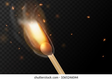 Realistic Burning Match Vector. Realistic colorful image line bon fire flame with horizontal reflection smoke and sparks on black background. Abstract fire background.
