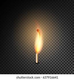 Realistic Burning Match Vector. Matchstick Flame. Transparency Grid. Special Effect. Ready To Apply. Graphic Element For Documents, Templates, Posters, Flyers. Vector illustration
