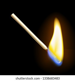 Realistic burning matchstick flame with transparency, isolated on black background. Vector illustration