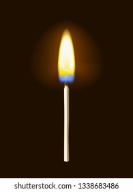 Realistic burning matchstick flame with transparency, isolated on black background. Vector illustration