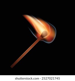 Realistic burning matchstick with glowing flame on a dark background, perfect for striking visuals