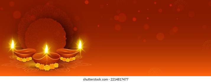 Realistic Burning Oil Lamps (Diya) With Marigold Flowers, Empty Frame On Burnt Red And Orange Bokeh Blur Background. Happy Diwali Header or Banner Concept.