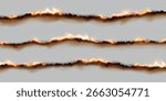 Realistic burning paper effect with flames and scorched edges on transparent background. Bright orange and black colors create dynamic and dramatic visual impact.