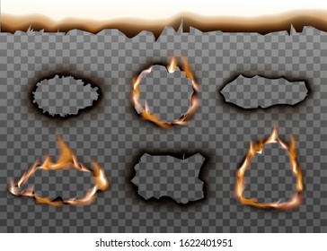 Realistic burning paper hole texture set with burnt edges and scorched ash frame. Flaming fire frames isolated on transparent background - vector illustration