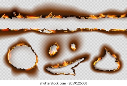 Realistic burning paper page edges and hole with fire. Parchment burnt effect with flame and ash. Torn and scorched paper texture vector set. Smoldering paper sheets frames or borders