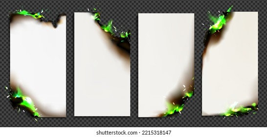 Realistic burning paper sheets set isolated on transparent background. Pages with smoldering green fire on charred uneven edges. Magic emerald flame destroying old manuscript. Vector illustration png