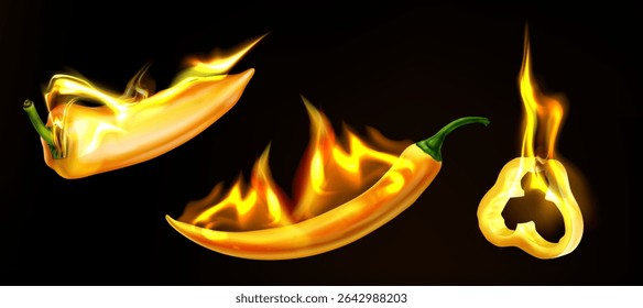 Realistic burning pepper collection with fire flames - yellow chili in orange blaze, spicy capsicum ablaze on black background, hot jalapeno ring glowing. Culinary heat concept for cooking designs.