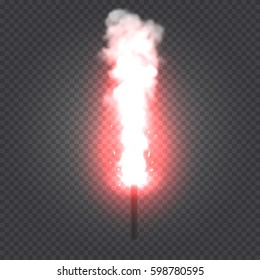Realistic Burning Red Flare With Smoke And Sparkles On Transparent Background. Vector Illustration.