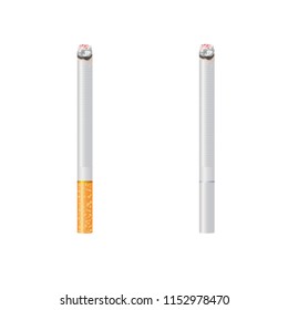 Realistic burning two various of cigarettes. 3d design style vector illustration isolated on white background.