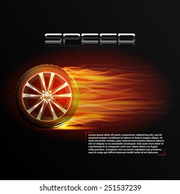 Realistic burning wheel tyre extreme auto sport speed poster vector illustration