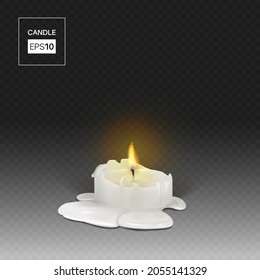 Realistic burning white candle on a transparent background. 3d candle with melting wax, flame and halo of light. Vector illustration with mesh gradients. EPS10.