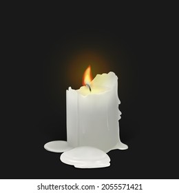 Realistic burning white candle on a black background. 3d candle with melting wax, flame and halo of light. Vector illustration with mesh gradients. EPS10.