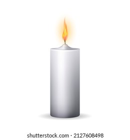 Realistic burning white wax cylindrical round shape candle. Vector illustration isolated on white background.